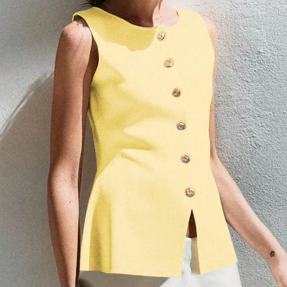 Yellow Casual Women's Metal Button Open Front Sleeveless Jacket - Picture 2 of 8